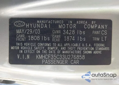 2003 Hyundai Accent from USA, damaged, VIN KMHCF35C33U276858